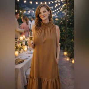 Ephemera 100% Linen Sleeveless Midi Dress With High Color & Ruffled Hem